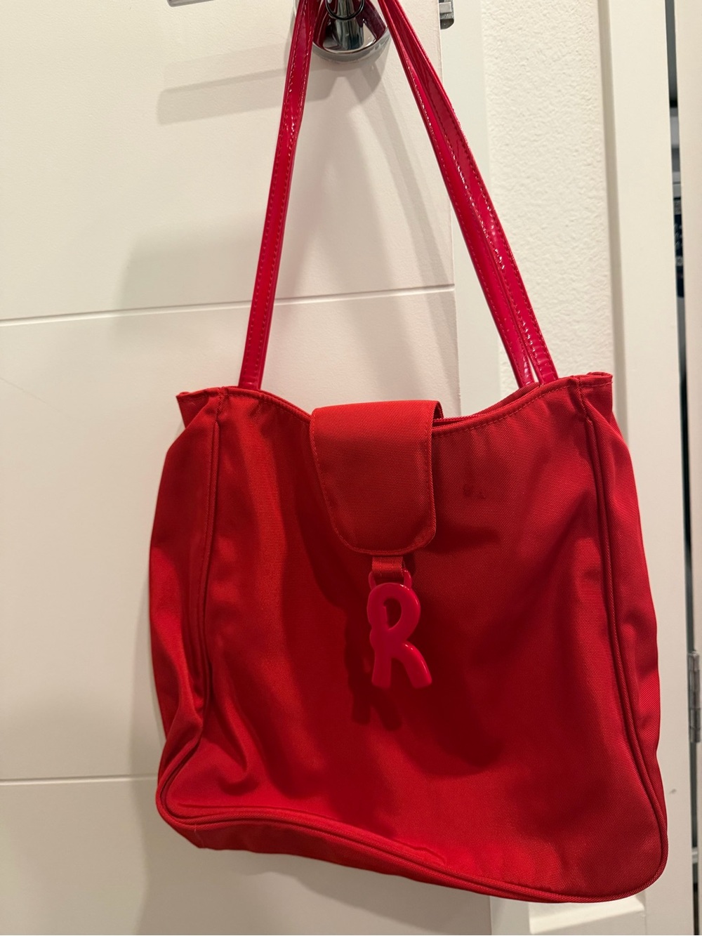 Red Women's Tote Bag with R Charm